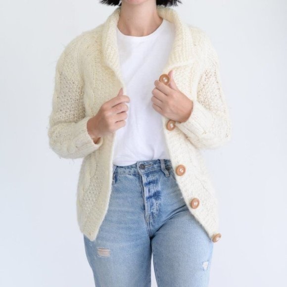 Handmade Chunky Cable Knit Natural Cream Long Sleeve Sweater Cardigan - Picture 2 of 10